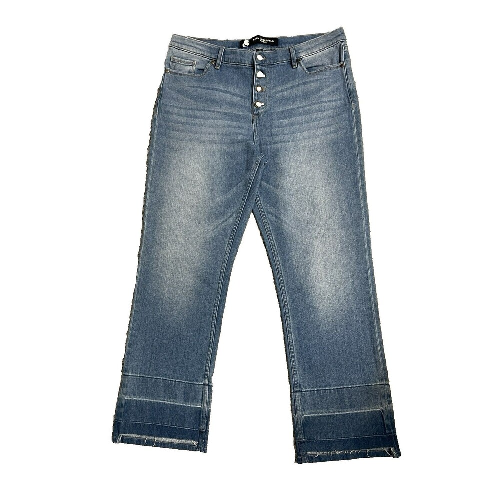 Karl Lagerfeld Paris Denim Jeans Blue Medium Wash Button Fly Straight Cropped 14